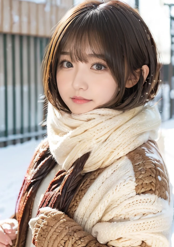 Holding a brown puppy、Hair blowing in the wind、Medium Short Hair、Fluffy scarf、Expressing the whiteness of one's breath、Photo from the waist up、Night city illumination shot、Cowgirl Shot、Fur coat、豪華なグレーのミンクのFur coat、Wear fine leather boots、Luxury Bags、Inner turtleneck、Silver necklace and small silver earrings Millionaire style:1.4))、Full body photo、smile、 Caustics、Highly detailed photos、Very beautiful woman 、Ample breasts、No makeup、(8K、RAW Photos、Highest quality、masterpiece:1.2)、(Realistic、Realistic)、1 Girl、((Medium Short Hair、Midwinter、Cold region Snow falling、The wind is blowing、Fluttering Hair、Blur the background、Colorful illuminations、Looking into the camera:1.4))、