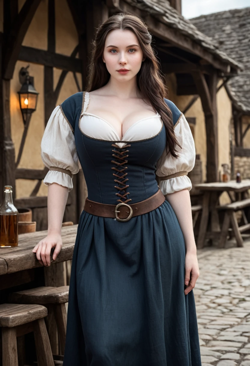 Young woman, medieval village girl, pale skin, average face, dark hair, huge breasts, wide hips, simple clothes, heavy cleavage, (tavern background) (4k image) (highest quality)