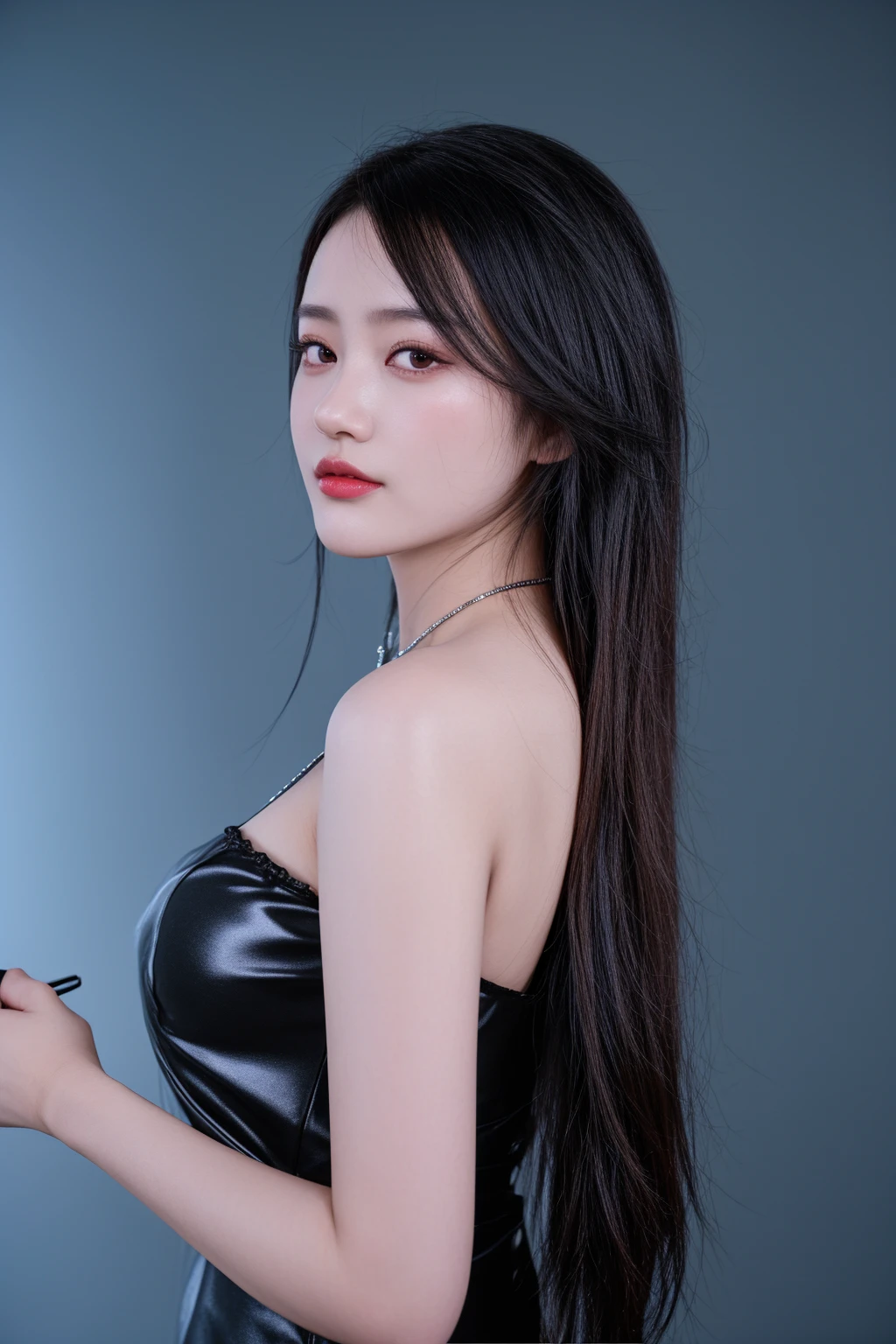 araffe woman in a black dress holding a cell phone, asian girl with long hair, Yoshitomo Nara, deayami kojima, close - up studio photo, sui ishida with black hair, seductive tifa lockhart portrait, taken with canon eos 5 d, a young asian woman, female with long black hair, chengyou liu