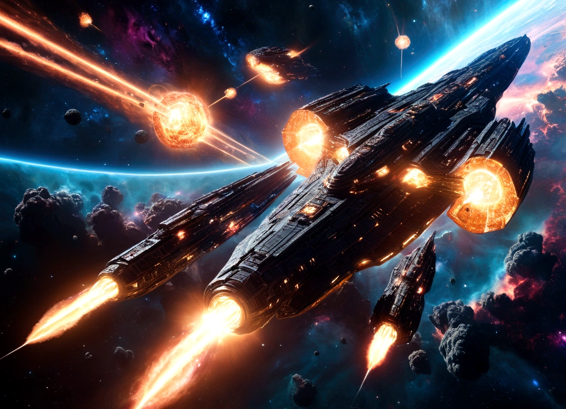 a massive space battle between 2 colossal celestials war ships,cinematic dramatic lighting,epic scale,highly detailed,intricate cosmic environment,glowing energy effects,dramatic poses,explosive action,shimmering nebulas,swirling cosmic dust clouds,brilliant vivid colors,cinematic camera angle,dynamic camera movement,awe-inspiring scale,photorealistic,8k,best quality