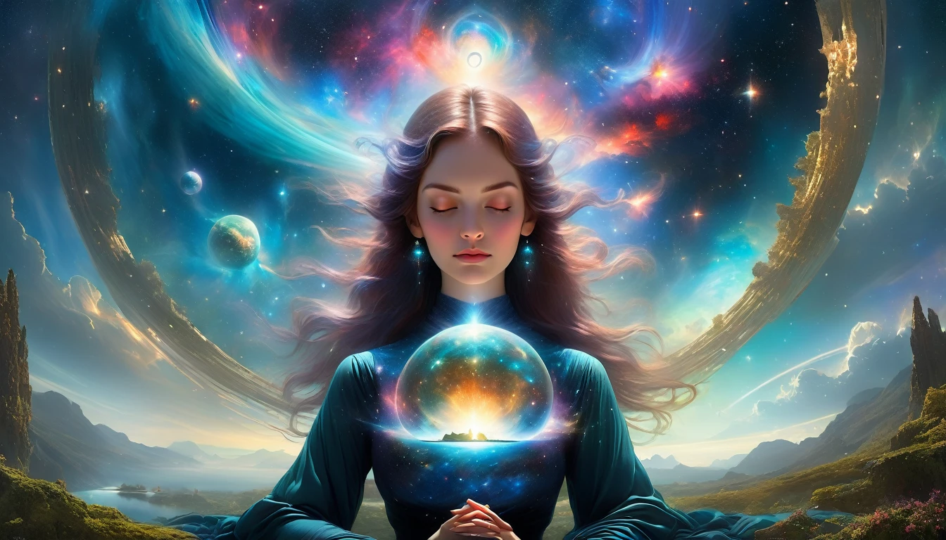 by Alexander Jansson、Alexis Briclot、Distant view of a young woman meditating in surrealist art by Arnold Böcklin, Sensual and esoteric and space etherial surrealistic futuristic and ritual style masterpiece Ultra-high resolution 8k, Ethereal galactic nebula in background, Ultra-high resolution, detailed, No zoom