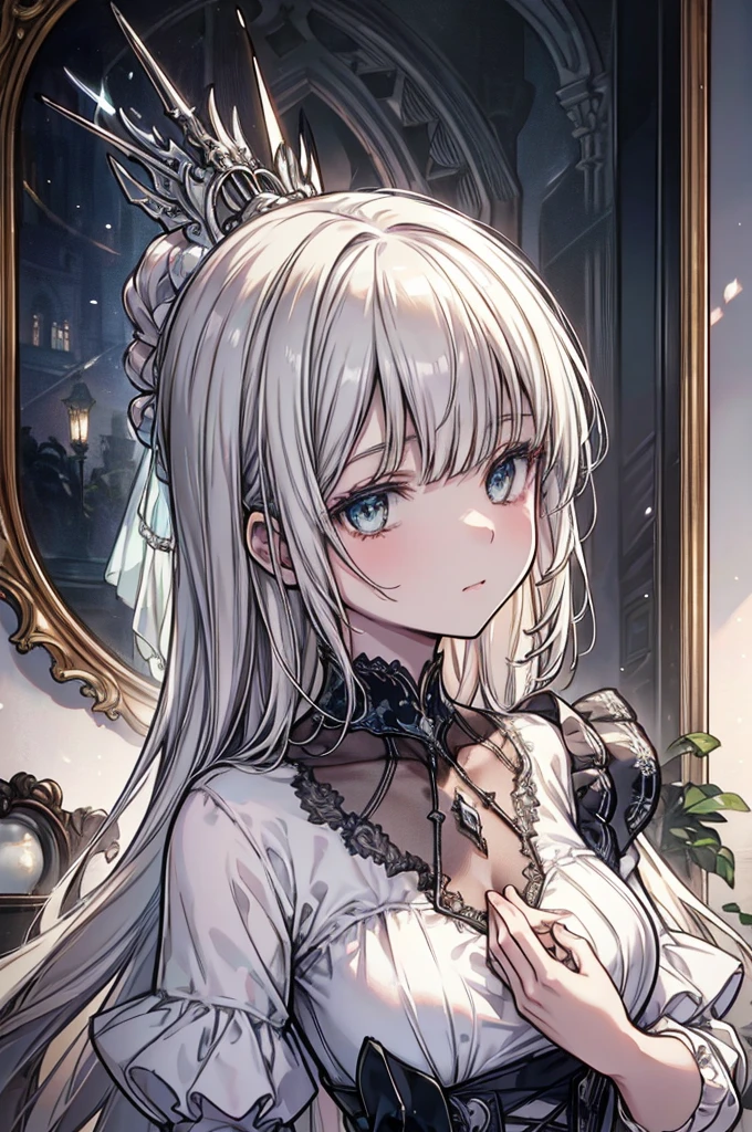 High Resolution RAW Color Art, cartoon,sculpture, Silver Marble Skin, (((Very detailed and elegant))), Magical atmosphere, Delicate skin, texture,(crafted, Every detail, Highly detailed art), Written border depth, Bokeh, Silky touch, Ultra Detail, Mask drawing, (Gear Factory), Lovely eyes, Elegant face, Neon, Look next to,From the chest up、Gothic Lolita