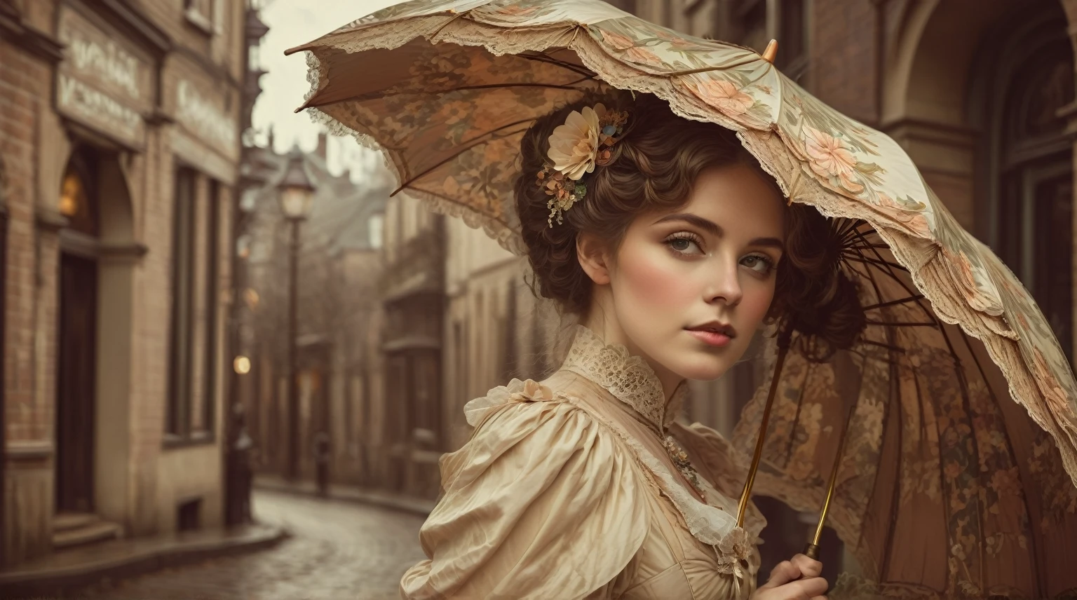 there is a woman with an umbrella standing in a street, a beautiful victorian woman, victorian lady, victorian style costume, art nouveau fashion photography, perfect umbrella, young victorian sad fancy lady, victorian style, victorian age, victorian inspired clothing, 1 8 8 0 s style, in a high renaissance style, retro vintage and romanticism, standing with a parasol