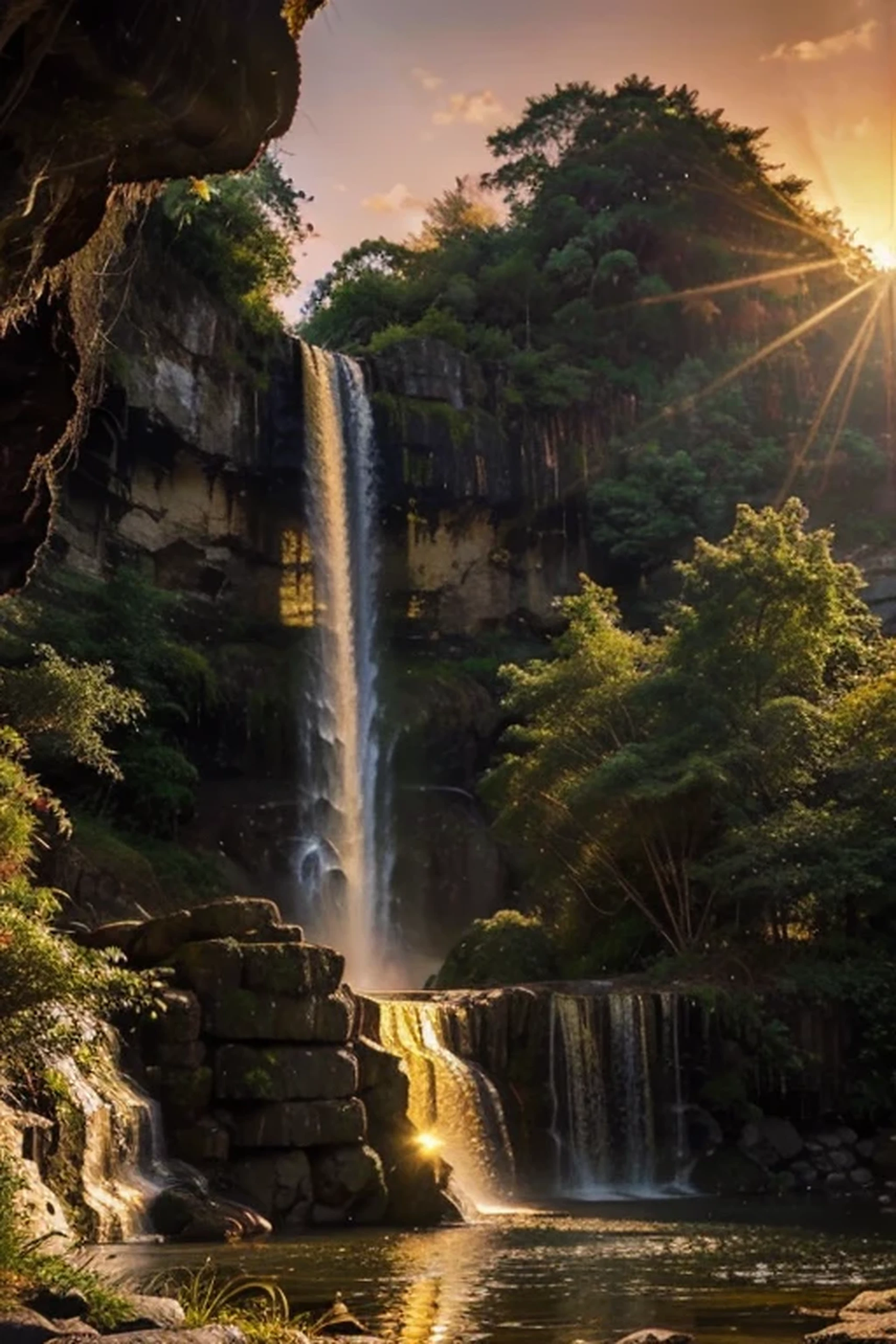 (finely detailed gold waterfall with sunrises