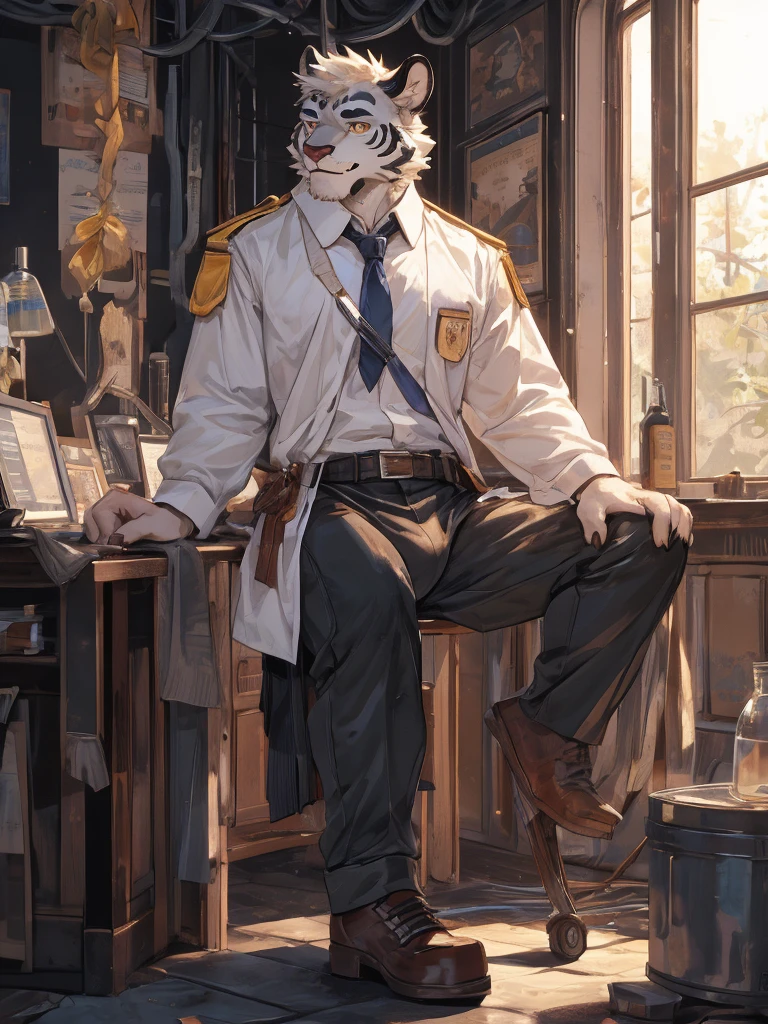 {{bara extremely handsome white tiger,}} {{white fur,}} white, wearing military like purple trench coat, purple trousers, white dress shirt and necktie, white fluffy furry body and limbs, loafers, very tall, very broad shoulders, narrow waist, muscular arms, massive pecs, purple eyes, very long legs, sitting on swivel chair with legs spread, massive bulge, reading file, sophisticated hot look, full body, sunlight casting over, 3/4 view, best quality, high quality, silver earring on left ear, sultry smirk