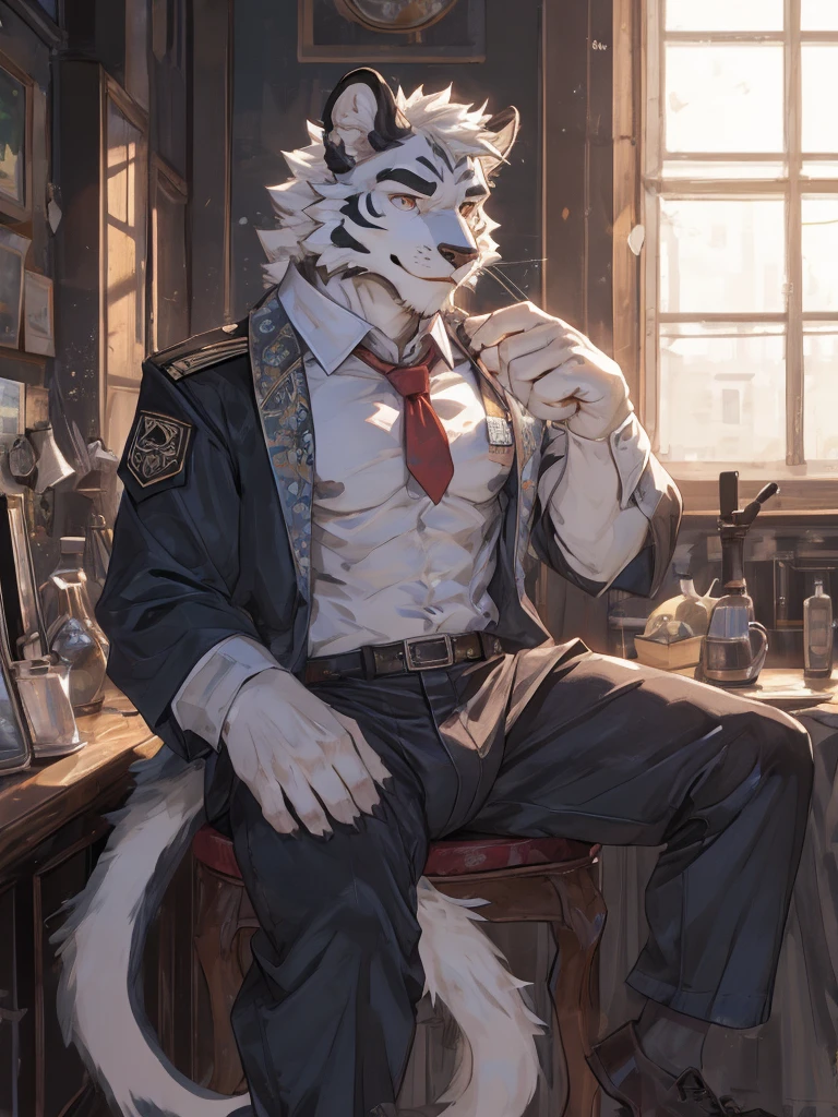 {{bara extremely handsome white tiger,}} {{white fur,}} white, wearing military like purple trench coat, purple trousers, white dress shirt and necktie, white fluffy furry body and limbs, loafers, very tall, very broad shoulders, narrow waist, muscular arms, massive pecs, purple eyes, very long legs, sitting on swivel chair with legs spread, massive bulge, reading file, sophisticated hot look, full body, sunlight casting over, 3/4 view, best quality, high quality, silver earring on left ear, sultry smirk
