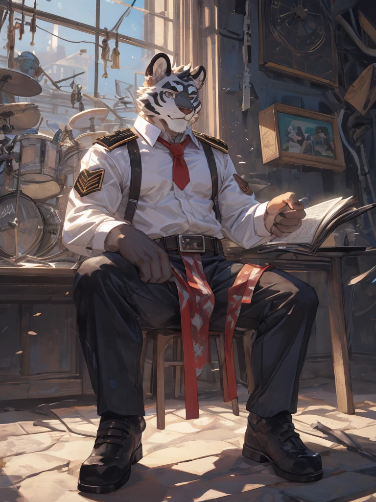 {{bara extremely handsome white tiger,}} {{white fur,}} white, wearing military like purple trench coat, purple trousers, white dress shirt and necktie, white fluffy furry body and limbs, loafers, very tall, very broad shoulders, narrow waist, muscular arms, massive pecs, purple eyes, very long legs, sitting on swivel chair with legs spread, massive bulge, reading file, sophisticated hot look, full body, sunlight casting over, 3/4 view, best quality, high quality, silver earring on left ear, sultry smirk
