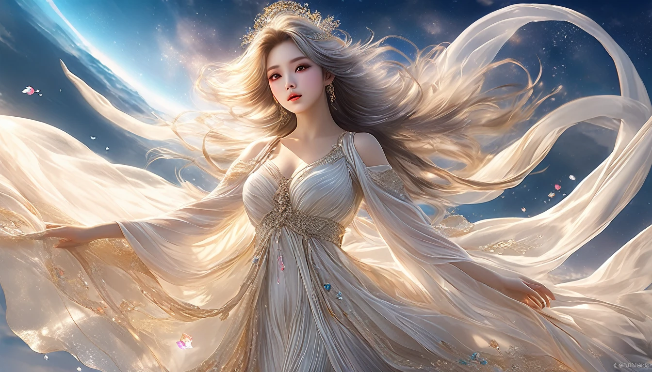 Woman in transparent dress,Viewer,(((Full breasts, Keeley University))),Slim waist,(Navel exposed,Bare waist), Long hair, extreme detailed details, Detailed fantasy art, Stunning character art, Beautiful and exquisite character art, Beautiful transparent dress, Very detailed, Girl wearing flowing Hanfu, Exquisite headpieces and jewellery,Crystal jewelry filigree, galaxy, Stunning visuals, (Dynamic Stripes, light rail:1.2), Vibrant colors,Long hair动漫女孩和狐狸, 美丽的白金色Angel女士, 白毛Angel, Beautiful character painting, Beautiful anime portrait, Angel翅膀的女孩, a beautiful Angel woman, Mystical artwork, Guweiz, by Ren Renfa, Angel, Large Breasts,Full breasts,Golden ratio figure,Perfect body,Ultra wide-angle shooting,Full body shot,Body close-up,Full body shot,Wearing a pleated tulle skirt,Soft anime illustration, Soft dark background,Fujifilm XT3 Clear focus, f 5.6, High Detail, Clear focus, Dramatic, (Wearing openwork clothing), (Looking at the audience:1.8), (Natural light), (Tempting)translucent, Good velvet quality, Compared, Divine Light,, Silver gray hair, Sky background, Absolute Strength,女性Angel,Girl in sexy silk,,Large Breasts,Full breasts,Golden ratio figure,Perfect body,Ultra wide-angle shooting,Full body shot,Body close-up,Full body shot, Wearing a tulle dress, Model shooting style, Large Breasts,Full breasts,Golden ratio figure,Perfect body,(Extremely detailed CG 8k wallpaper unit), The most beautiful artistic photos in the world, , 8K Ultra HD, ) On the big white bed,Lazy gesture,Charming and seductive expression,best quality,masterpiece,Ultra-high resolution,(Practical:1.4),original photo,Ultra-high resolution,White skin,Exquisite makeup,Long legs,Bright beautiful eyes,用深色眼影打造Exquisite makeup,
