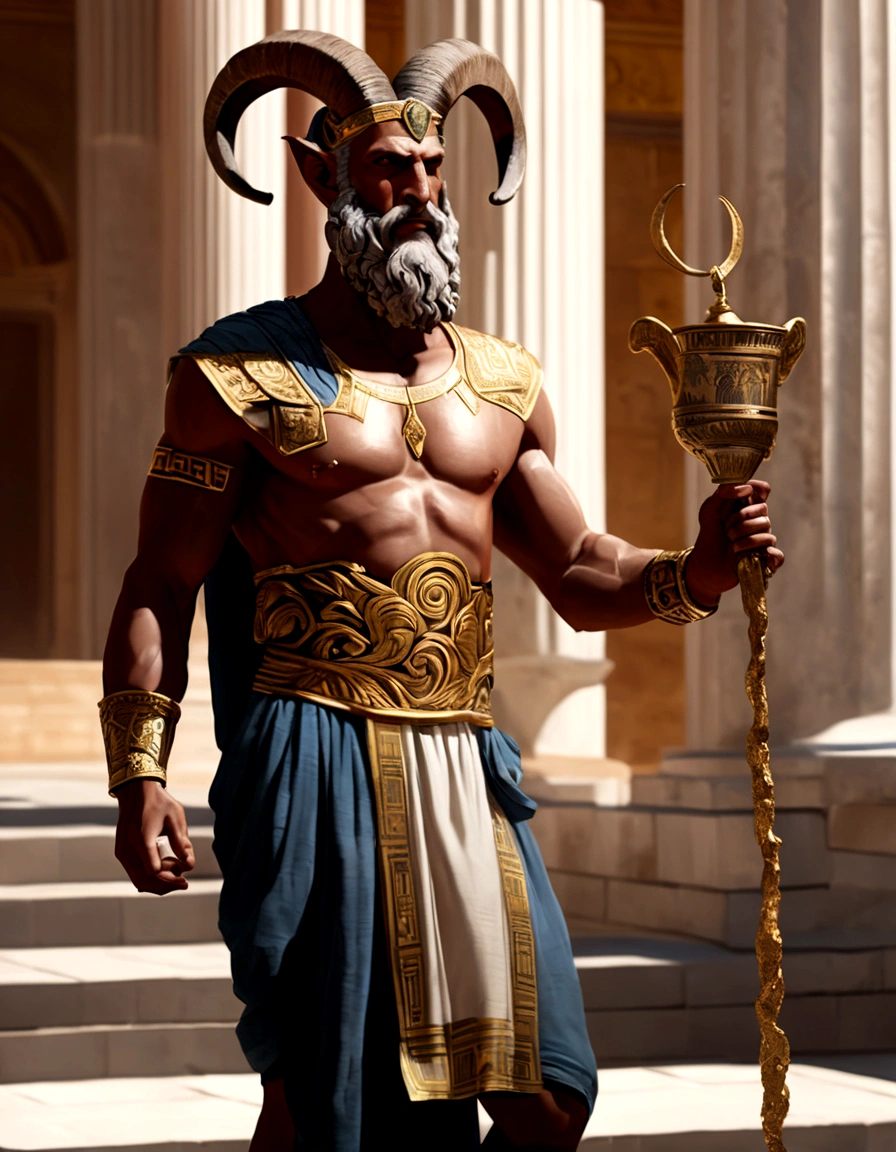 (best quality,4k,8k,highres,masterpiece:1.2),ultra-detailed,dnd character art, a satyr with a dark and white beard, goat horns, dressed like an Ancient Greek philosopher, Greek tunic with gold embroidery, tanding before a Greek temple, Greek mythology, satyr, faun, Renaissance art style, Renaissance painting