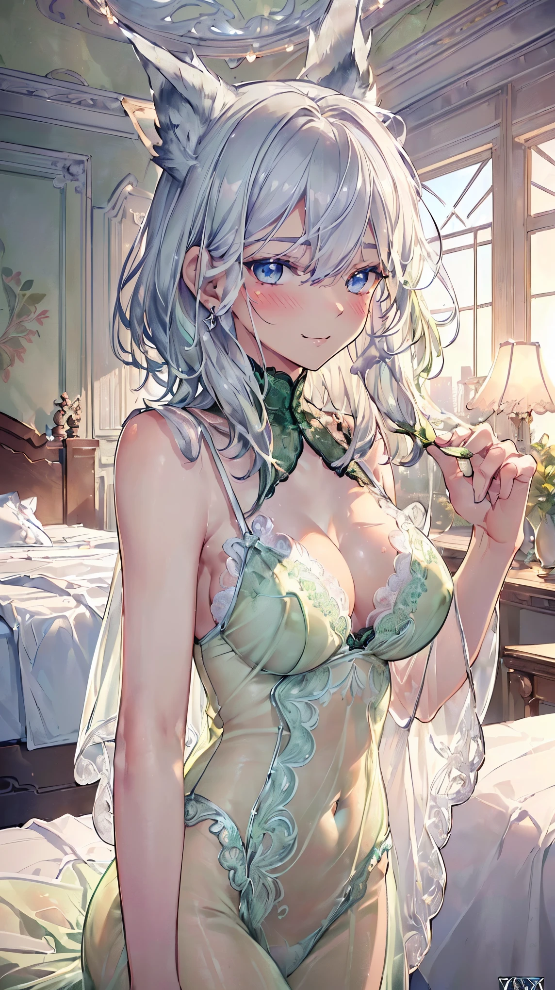 (((Masterpiece))), (((Highest quality))), ((Ultra-detailed)), ((Super fine illustration)), ((Ultra-fine painting)), (16K highest quality wallpaper:1.4), (Upper body:1.6), HDR, (Highly detailed and delicate illustration style:1.8), Detailed skin texture, Detailed cloth texture, Extreme detailed description, (T-masterpiece), (Highly detailed face:1.4), (Highly detailed silver fox ears:1.2), (Highly detailed silver medium hair:1.2), (Highly detailed blue eyes:1.2), Original, RAW photo, Professional, Intricate details, Super details, (Perfect anatomy:1.4), (Highly detailed hands:1.2), (Highly detailed fingers:1.2), (Highly detailed fingertips:1.2), (Sexy), (Sexy), (27-years-old), Real, (Solo:1.6), ((A very beautiful and attractive silver (fox:1.4) female fashion model:1.4)) BRAKE (Absolutely perfect completely sleeping deeply on the Highly detailed stylish and luxurious bed:1.2) BRAKE (Beautiful and adorable silver fox ears:1.4), (Highly detailed and delicate silver fox ears:1.2), (Beautiful and well-shaped big breasts:1.2), (Beautiful and well-shaped buttocks), (Beautiful and shiny silver medium hair:1.4), (Highly detailed and delicate silver medium hair:1.2), (Beautiful and clear blue eyes:1.6), (Highly detailed and delicate blue eyes:1.2), (Highly detailed face:1.4), (Smile:1.4), (Blush:1.6), (Looking at viewer:1.4) BRAKE (((Light-green:1.25) sexy see-through lingerie dress Camisole:1.4), (Wearing only a ((light-green:1.25)) sexy see-through lingerie dress Camisole:1.6)) BRAKE (Highly detailed Stylish and luxurious bedroom:1.2), (Highly detailed stylish and luxurious bed:1.2) BRAKE (Just after sunrise:1.5), (Intricate and detailed Beautiful sunrise and castle garden scenery:1.6), (Highly detailed and delicate luxury bedroom and bed in the background:1.4) BRAKE (NSFW) BRAKE