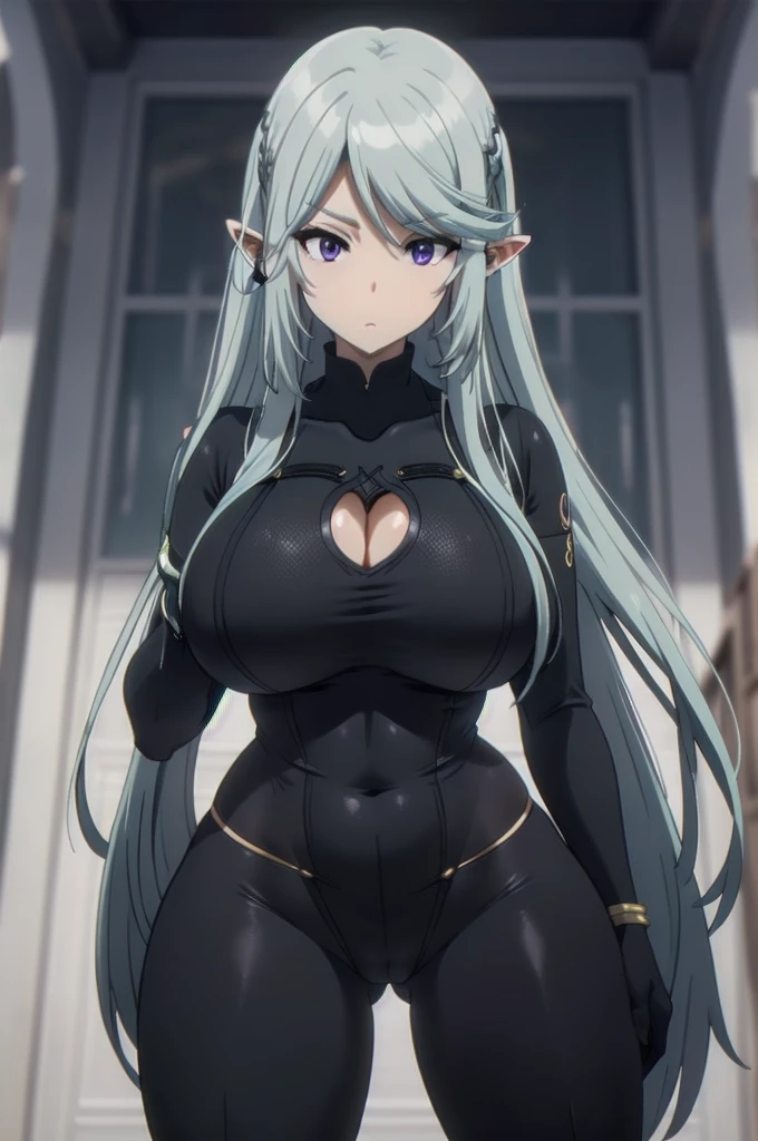 dark blue hair,,long hair,purple eyes,pointy ears,elf,((black tight body suit)),((((gigantic breast,wide hips))))
