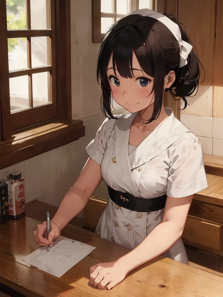 Tabletop, Highest quality, High resolution,10 years old,hashikuji mayoi,Look at me and smile,((Meiji period~Nurses in the Showa Era)),Classic maid outfit, Mentholatum