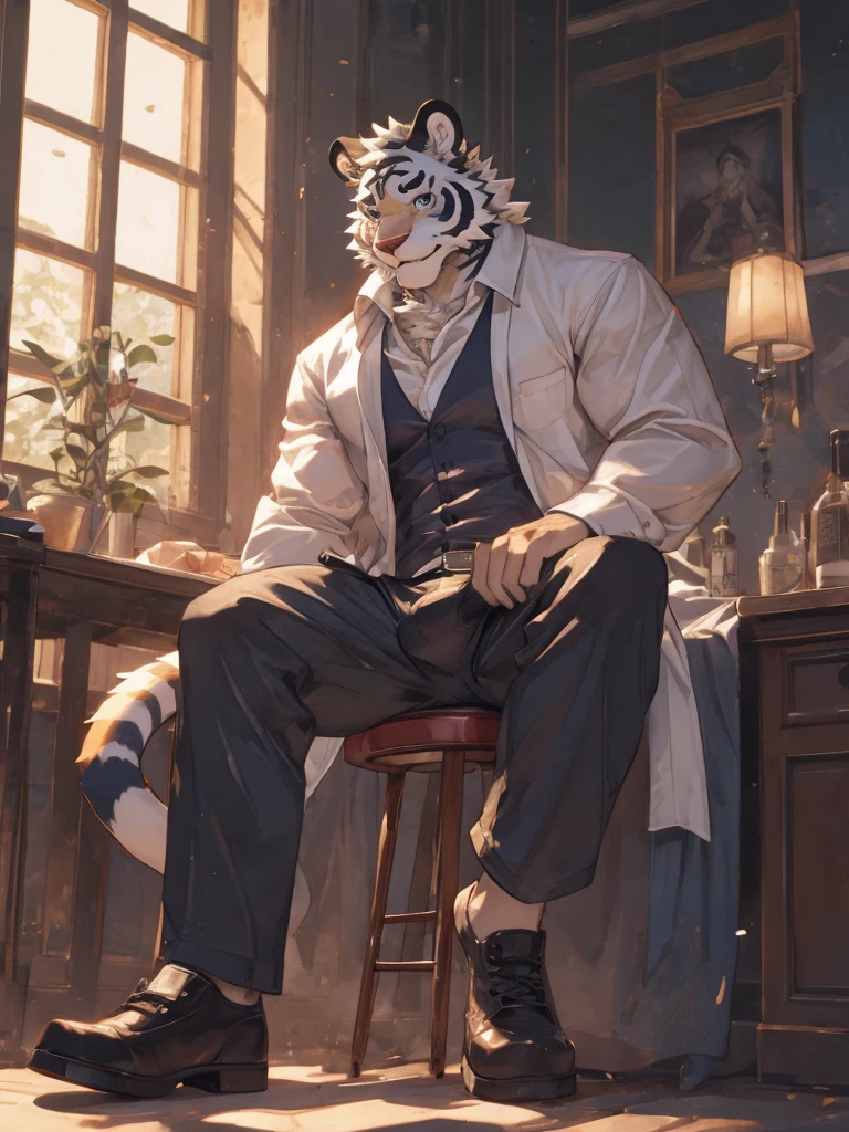 {{bara extremely handsome white tiger,}} {{white fur,}} white, wearing military like purple trench coat, purple trousers, white dress shirt and necktie, white fluffy furry body and limbs, loafers, very tall, very broad shoulders, narrow waist, muscular arms, massive pecs, purple eyes, very long legs, sitting on swivel chair with legs spread, massive bulge, reading file, sophisticated hot look, full body, sunlight casting over, 3/4 view, best quality, high quality, silver earring on left ear, sultry smirk