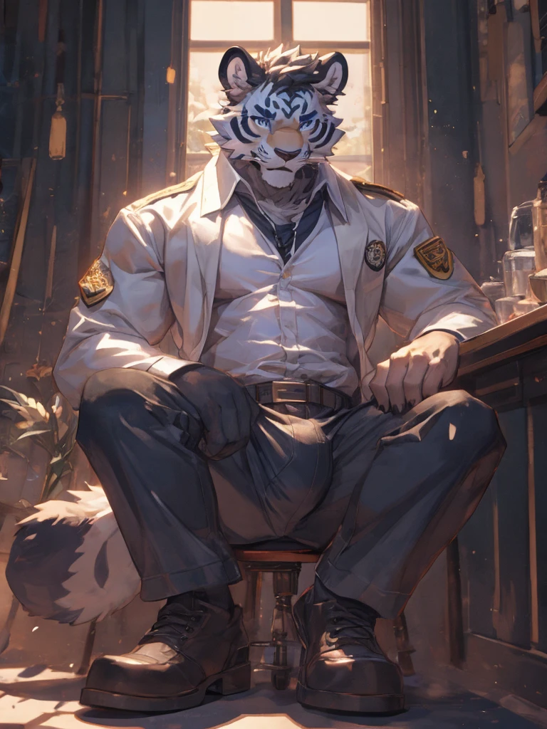 {{bara extremely handsome white tiger,}} {{white fur,}} white, wearing military like purple trench coat, purple trousers, white dress shirt and necktie, white fluffy furry body and limbs, loafers, very tall, very broad shoulders, narrow waist, muscular arms, massive pecs, purple eyes, very long legs, sitting on swivel chair with legs spread, massive bulge, reading file, sophisticated hot look, full body, sunlight casting over, 3/4 view, best quality, high quality, silver earring on left ear, sultry smirk