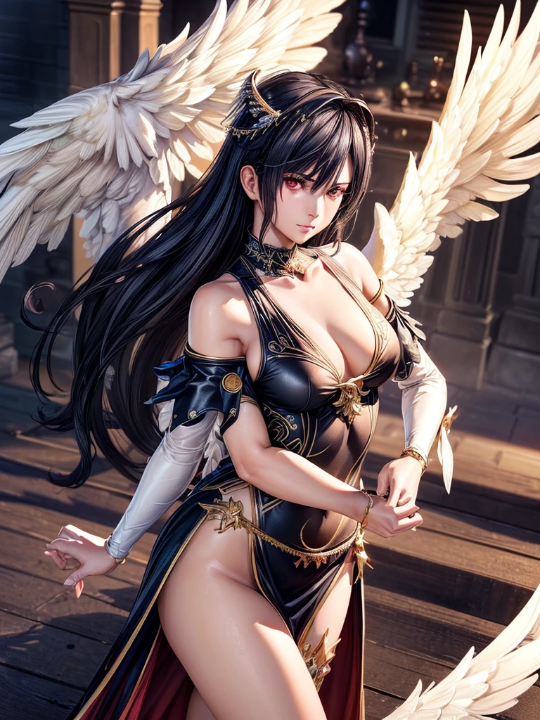 ((best quality)),(Ultra-high resolution),(Super detailed),(Detailed description),((Best CG))(Fantasy art with precise details:1.5), Black Hair，European classical long dress，(1 Female Angel:1.6),Angel Wings，side，Injuried，Blood，，Serious expression