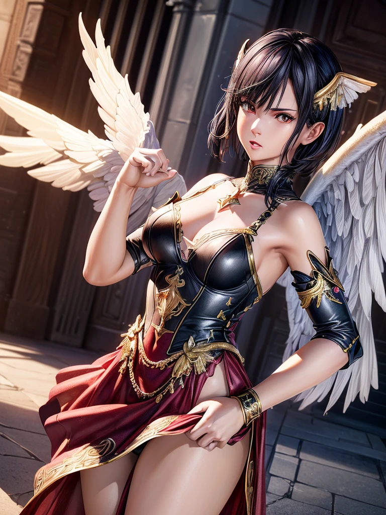 ((best quality)),(Ultra-high resolution),(Super detailed),(Detailed description),((Best CG))(Fantasy art with precise details:1.5), Black Hair，European classical long dress，(1 Female Angel:1.6),Angel Wings，side，Injuried，Blood，，Serious expression