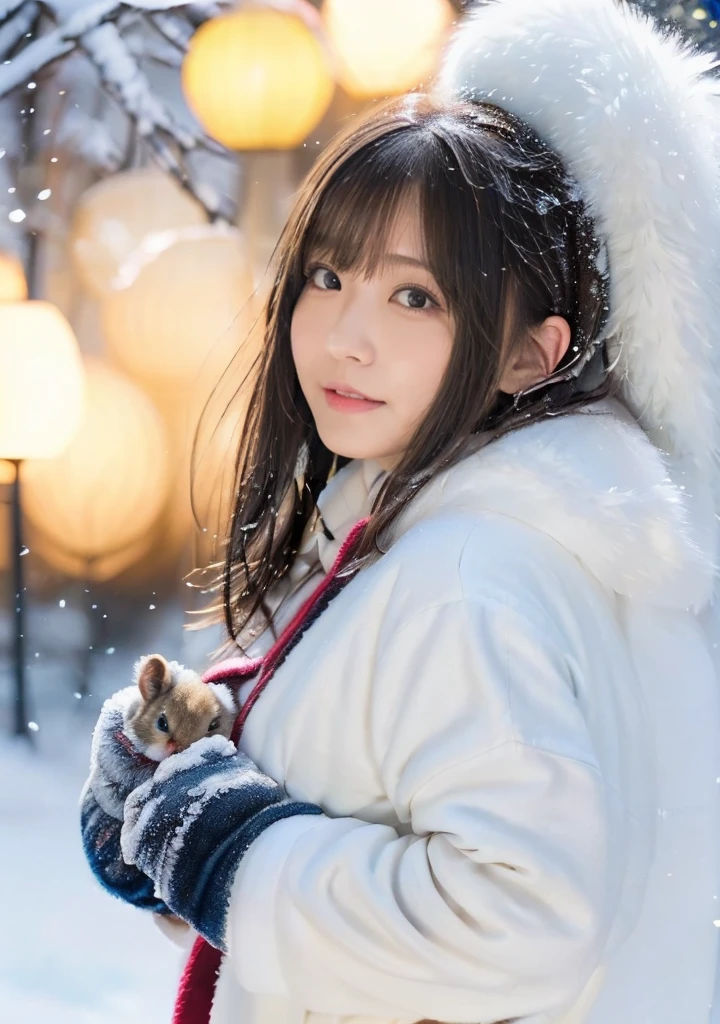 Holding a baby rabbit、Photo from the waist up、Night city illumination shot、Cowgirl Shot、Fur coat、豪華なグレーのミンクのFur coat、Wear fine leather boots、Luxury Bags、Inner turtleneck、Silver necklace and small silver earrings Millionaire style:1.4））、Full body photo、smile、 Caustics、Highly detailed photos、Very beautiful woman 、Ample breasts、No makeup、(8K、RAW Photos、Highest quality、masterpiece:1.2)、(Realistic、Realistic)、1 Girl、((Medium Short Hair、Midwinter、Cold region Snow falling、The wind is blowing、Fluttering Hair、Blur the background、Colorful illuminations、Looking into the camera:1.4))、
