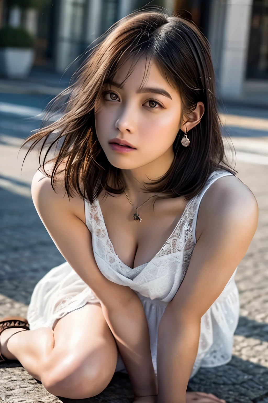 (highest quality, masterpiece:1.2), (realistic, photo realistic:1.4), RAW photo, high resolution, intricate details, extremely detailed, realistic and sharp details, ultra-highly detailed CG Unity 8k wallpaper, cinematic lighting, frontal photography, looking at viewer, solo, a 25 years old Japanese adult female, (gorgeous, glamorous, beautiful, cute, pretty, kawaii), (large breasts, cleavage), (wearing a dress, sandals:1.2), detailed face, detailed eyes, pale skin, shiny skin, sweaty, necklace, earrings, jewelry, photo background, outdoors, European downtown, daytime, sunny, in summer, 