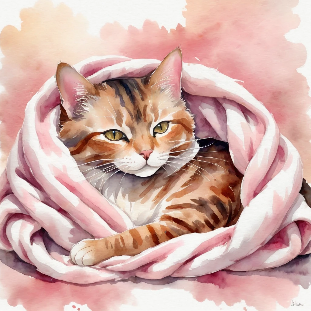 A cat curled up and resting on a cozy blanket,Demonstrate the importance of relaxation and rest,Soft warm colors,Such as light pink or light brown,Create a comfortable and warm atmosphere, 詳細的Watercolor art, 數位watercolor painting, Watercolor illustration, Watercolor illustration style, watercolor painting, Watercolor art, Digital watercolor, Digital watercolor, Watercolor style, Artistic style watercolor, Beautiful artwork, watercolor painting, watercolor painting風格, water painting art, Beautiful digital illustrations, Watercolor effect