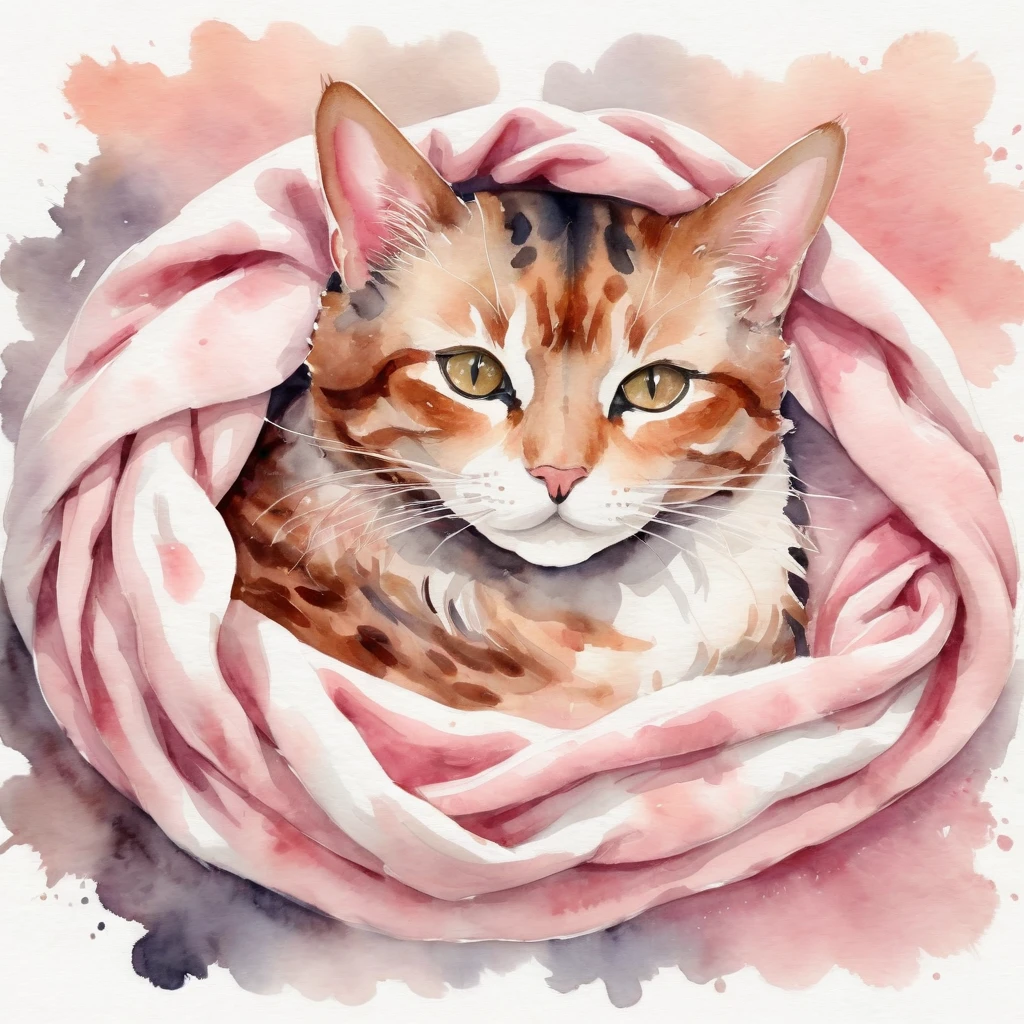 A cat curled up and resting on a cozy blanket，Demonstrate the importance of relaxation and rest,Soft warm colors，Such as light pink or light brown，Create a comfortable and warm atmosphere, 詳細的Watercolor art, 數位watercolor painting, Watercolor illustration, Watercolor illustration style, watercolor painting, Watercolor art, Digital watercolor, Digital watercolor, Watercolor style, Artistic style watercolor, Beautiful artwork, watercolor painting, watercolor painting風格, water painting art, Beautiful digital illustrations, Watercolor effect