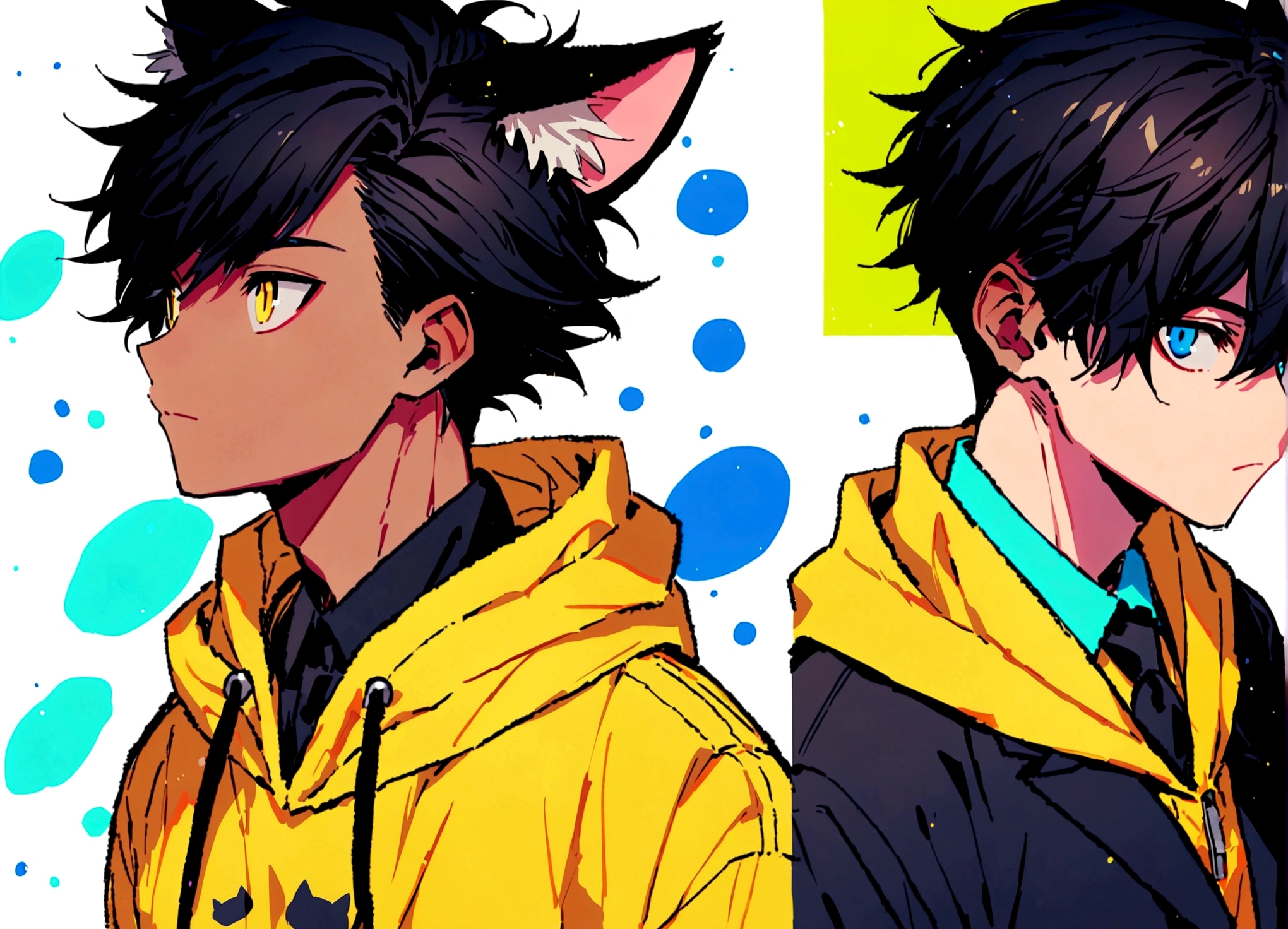 Tanned male, 18 years old, long black hair, yellow hoodie, cat ears