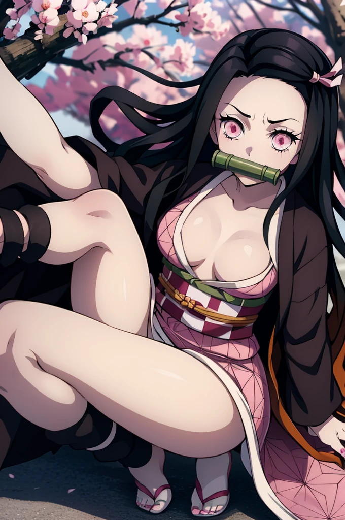 1 woman, full body, nezuko kamado oni mode, with bamboo in her mouth, demon slayer, Kimetsu no yaiba, beautiful, long hair, pink eyes, perfect, ultra hd, naked, showing her breasts, showing her pussy, nails like claws, perfect feet, demon slayer scenario, under a sakura tree, sakura leaves falling from the sky face ira, beautiful feet, beautiful pussy, beautiful teets, oppening legs