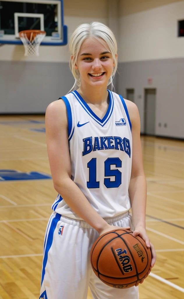 Basketball player,  16 year old girl with white hair, white skin and blue eyes, smiling 