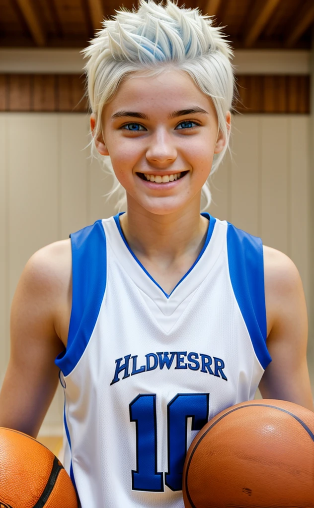 Basketball player, 16 year old girl with white hair, white skin and blue eyes, smiling