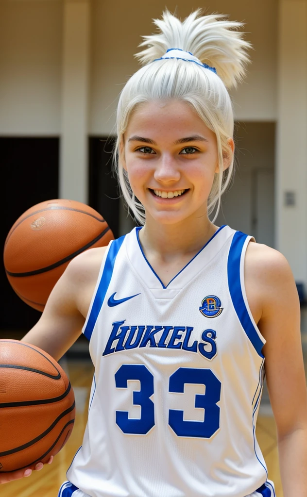 Basketball player, 16 year old girl with white hair, white skin and blue eyes, smiling