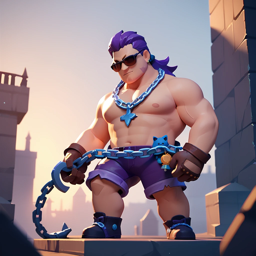 a living chain tree, sunglasses, wearing purple shorts and gloves, miniature