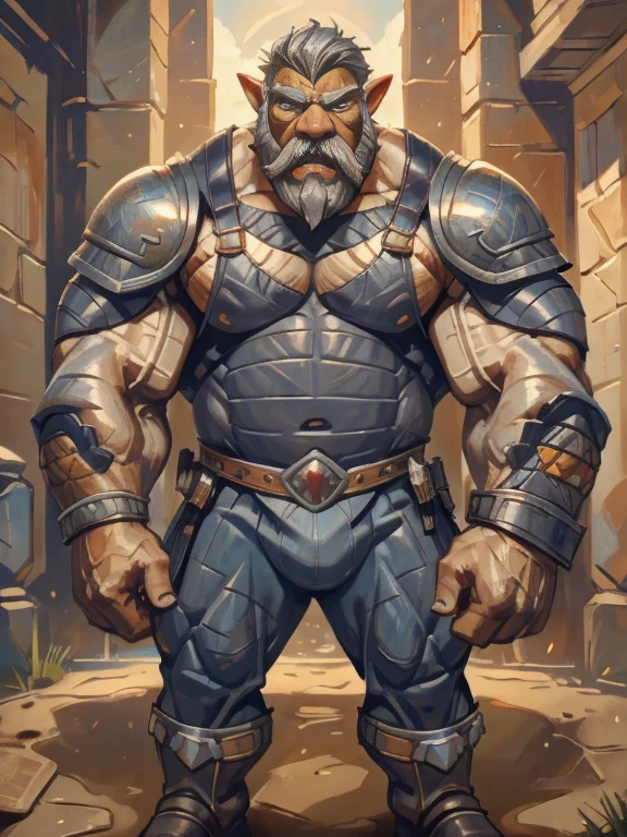 burly virile hairy elf, in a suit of armor, middle-aged, hirsute, overmuscular and musclebound, bulging veiny muscles, a warrior's build, a bodybuilder's physique, long bushy and a thick mustache, a square jaw, handsome and dreamy, rugged and manly, grey hair, a gladiator in the arena