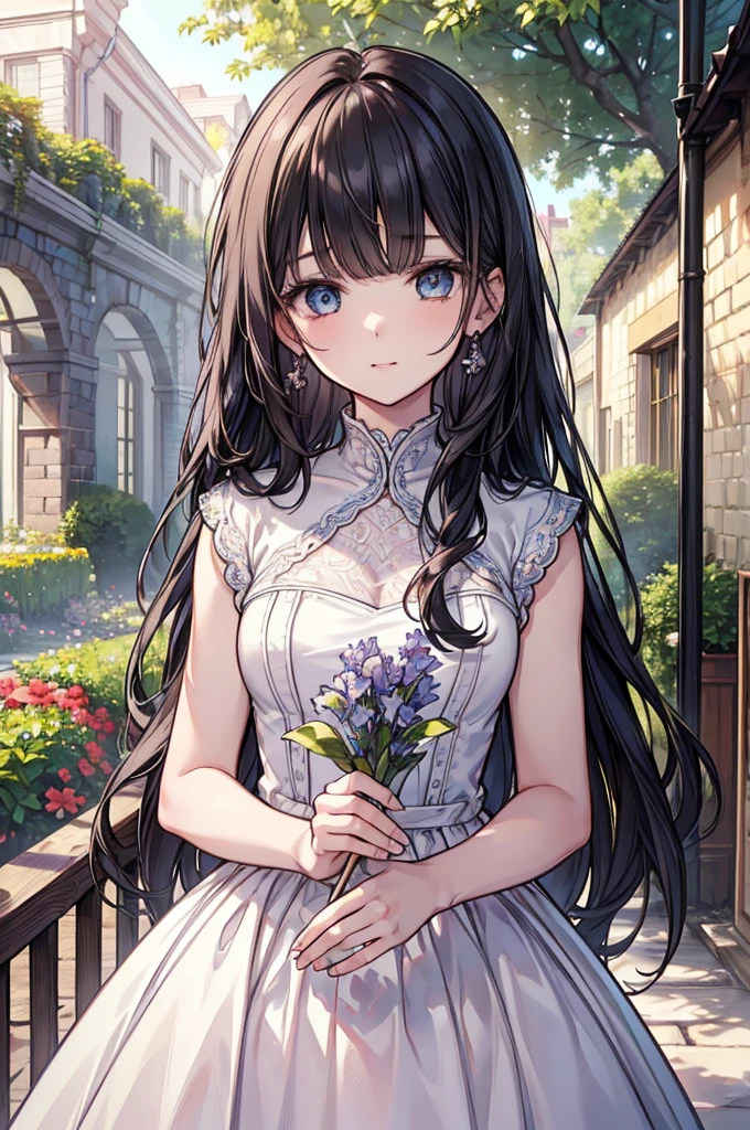 (masterpiece),(Top quality),(Extremely detailed),(high resolution),(8K Animation),(Beautiful and delicate face),(Beautiful and delicate eyes),(Anatomically correct),(Keep your head small),1 Girl,Black Hair,Long hair,(Big round eyes),Bangs,[Lavender-colored eyes:(blue eyes):0.55],A gentle smile,White Dress,(Garden),Soft sunlight