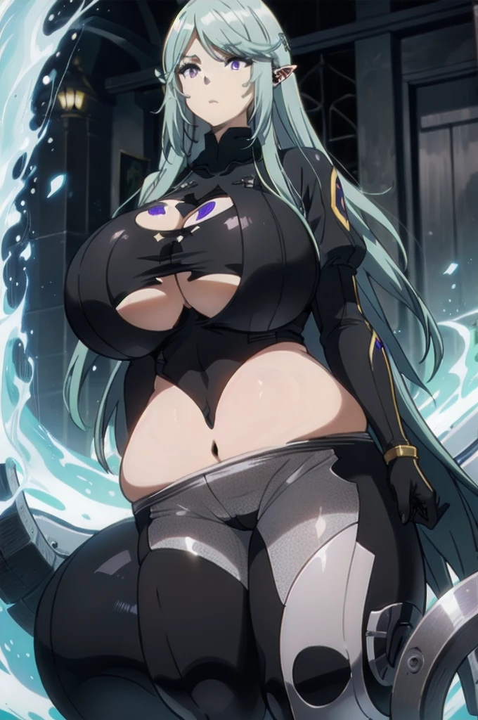 dark blue hair,,long hair,purple eyes,pointy ears,elf,((black tight body suit)),((((gigantic breast,wide hips))))
