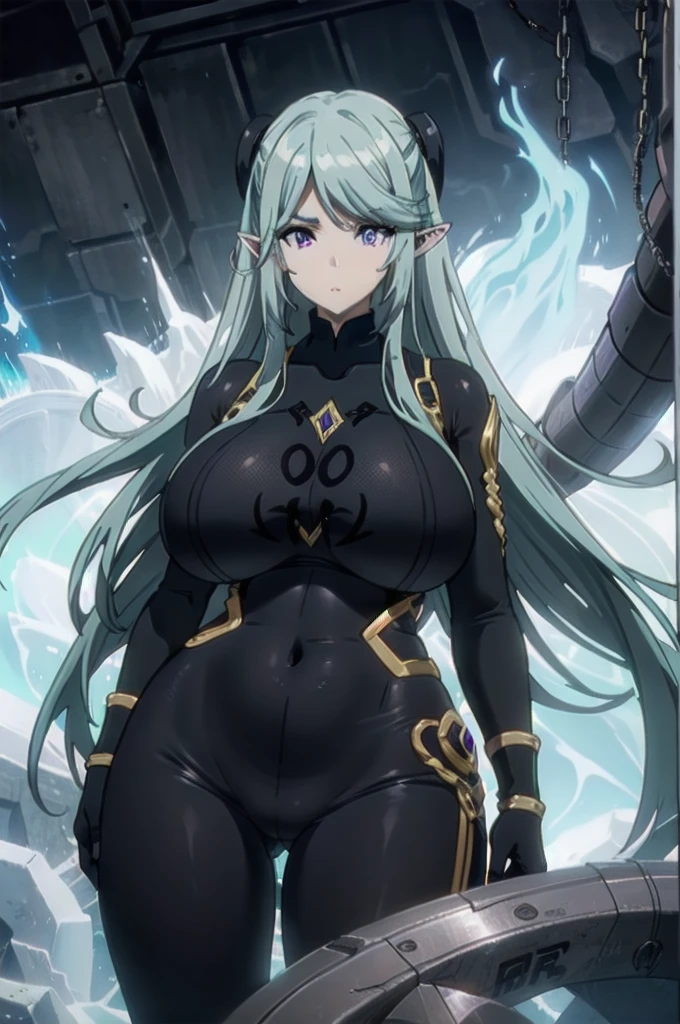dark blue hair,,long hair,purple eyes,pointy ears,elf,((black tight body suit)),((((gigantic ,wide hips))))
