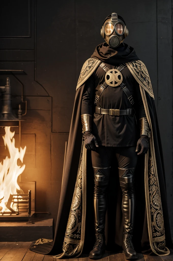 Man in a vintage gas mask with a long tunic over tight leggings, with embroidery and metallic decorations and cape cradle, with black colors, with black gloves and with a mysterious background