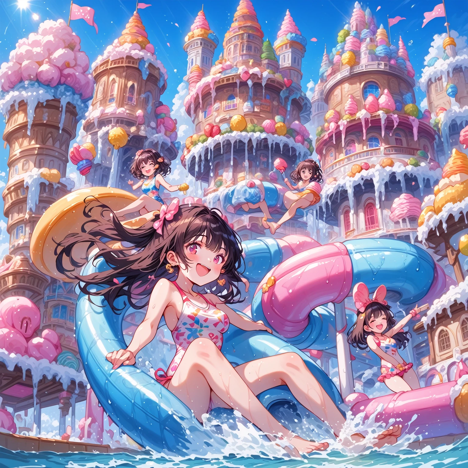 score_9, score_8_up, score_7_up, source_anime,masterpiece, best quality, high resolution, extremely detailed CG, absurdres, highres, A dreamy water park, all the buildings are made of ice-cream, ice cream castle, colorful, girl in swimsuit is sliding down the water slide, happy, neondskdrmsxl, babycreamxl