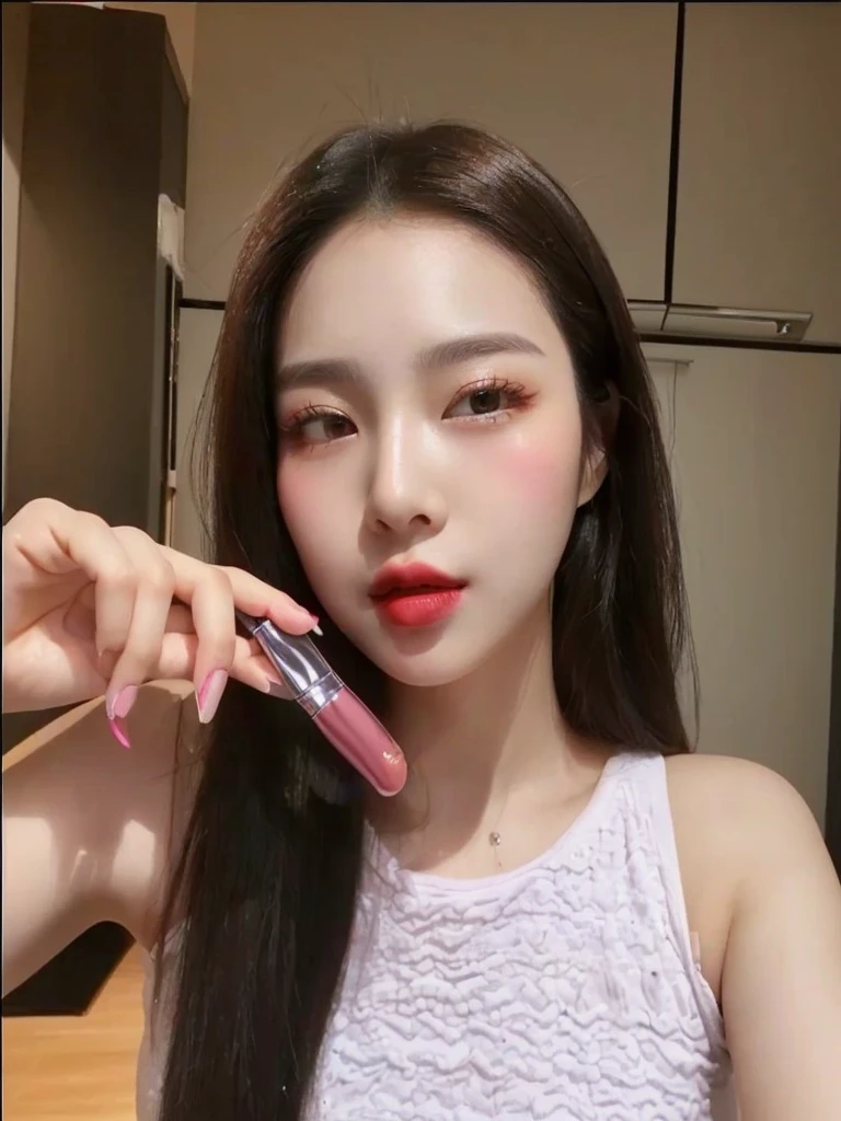 Don't change anything about lipgloss and text on package, woman holding lipstick in her hand and a brush in her mouth, 18 yo, 8k selfie photograph, popular south korean makeup, popular korean makeup,