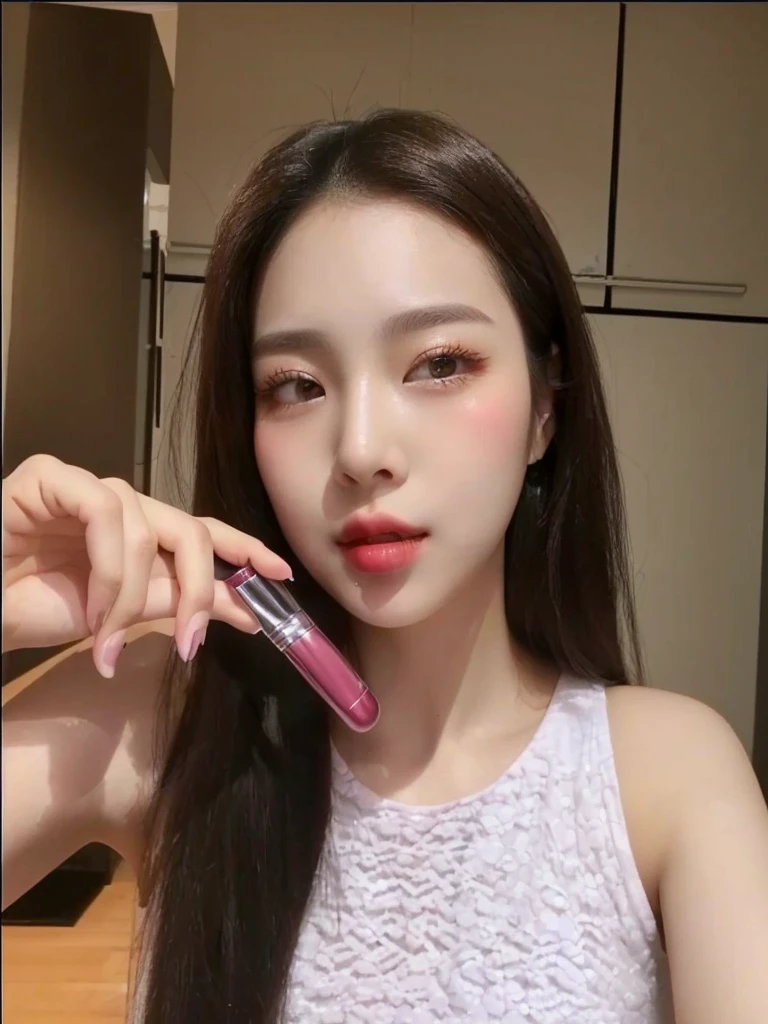 Don't change anything about lipgloss and text on package, woman holding lipstick in her hand and a brush in her mouth, 18 yo, 8k selfie photograph, popular south korean makeup, popular korean makeup,