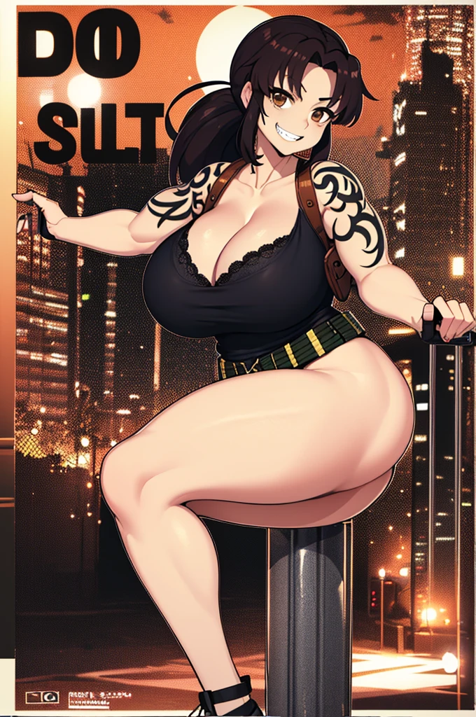 (masterpiece、highest quality:1.2)、solo、anime woman、revue、grin and laugh、looking at the viewer、Are standing、long brown hair、brown eyes、ponytail、V-shaped eyebrow hair、white bra、collarbone、fingerless gloveini string 、belt、holster、strong muscles、big enormous massive gigantic breasts、woman with very large enormous massive gigantic big large fat absurde breasts、cleavage、muscular and strong、Tattoo on the right shoulder、tall woman、toned body、muscular woman、Sidewalks in the city、sunset、chubby legs spread legs in the air