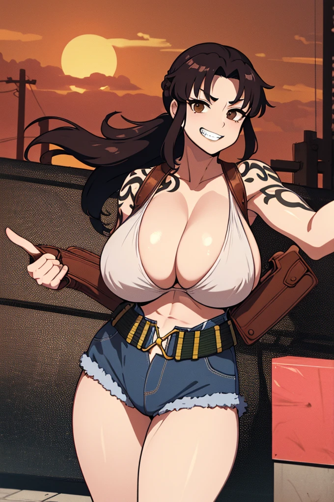 (masterpiece、highest quality:1.2)、solo、anime woman、revue、grin and laugh、looking at the viewer、Are standing、long brown hair、brown eyes、ponytail、V-shaped eyebrow hair、white bra、collarbone、fingerless gloveini string 、belt、holster、strong muscles、big enormous massive gigantic breasts、woman with very large enormous massive gigantic big large fat absurde breasts、cleavage、muscular and strong、Tattoo on the right shoulder、tall woman、toned body、muscular woman、Sidewalks in the city、sunset、chubby legs spread legs in the air