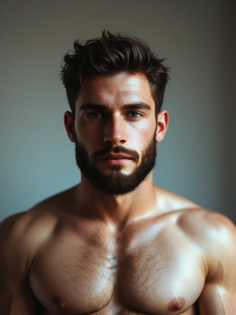 a man, shirtless, chest showing, body hair, big beard, front view
