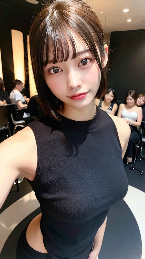 (Highest quality、8K、32k、Masseter muscle area、Hmph:1.2)、Very Short Hair、profile、(Slim figure:1.2)、(Lips) 、27 years old、Tank top、huge 、double eyelid、Glowing Skin、Realistic Layer、Beautiful Face、(Laughter:1.3)、squat、(From above:1.2)、(Close-up:1.4)、Blurred Background、(Front Focus)、(dark: 1.6)、Photorealistic、Professional Lighting、Highly detailed face、Award-winning、Deep Shadow、