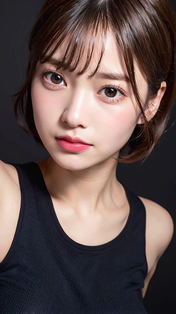 (Highest quality、8K、32k、Masseter muscle area、Hmph:1.2)、Very Short Hair、profile、(Slim figure:1.2)、(Lips) 、27 years old、Tank top、huge 、double eyelid、Glowing Skin、Realistic Layer、Beautiful Face、(Laughter:1.3)、squat、(From above:1.2)、(Close-up:1.4)、Blurred Background、(Front Focus)、(dark: 1.6)、Photorealistic、Professional Lighting、Highly detailed face、Award-winning、Deep Shadow、