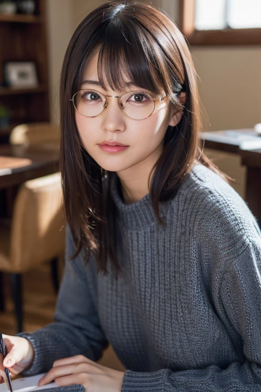 (8K、Raw photography、top-quality、​masterpiece:1.2)、(realisitic、Photorealsitic:1.37)、超A high resolution、1 girl、beautifull detailed face、
カフェテラス、Wearing glasses、Dynamic Angles、Cool knitwear、Medium hair with half up、Brown Hair、22 years old、本を読んでいる