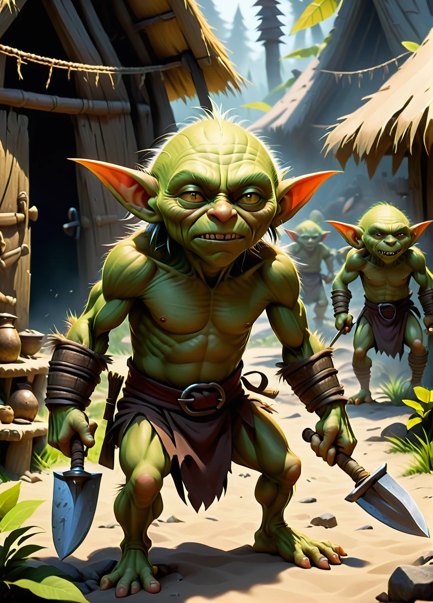 goblin savages, (goblin camp: 1.6), (angry goblins with club: 1.1), (angry look: 1.5), (loincloth: 1.5), (nasty and dirty: 1.8), primitive straw huts and bones, ((looking at viewer:1.2), (from side:0.8)), dirty, volumetric lighting dynamic lighting, real shadows, vibrant contrasting colors, style of Stephen Hickman and Stan Manoukian, ultra realistic, masterpiece, high quality, highres, sharp focus, intricate, sharp details, highly detailed, rich color, 8K,