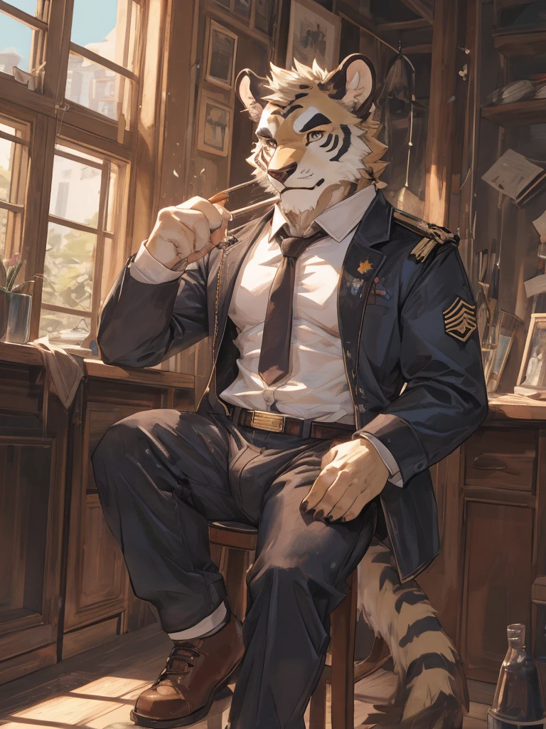 {{bara extremely handsome white tiger,}} {{white fur,}} white, wearing military like purple trench coat, purple trousers, white dress shirt and necktie, white fluffy furry body and limbs, loafers, very tall, very broad shoulders, narrow waist, muscular arms, massive pecs, purple eyes, very long legs, sitting on swivel chair with legs spread, massive bulge, reading file, sophisticated hot look, full body, sunlight casting over, 3/4 view, best quality, high quality, silver earring on left ear, sultry smirk