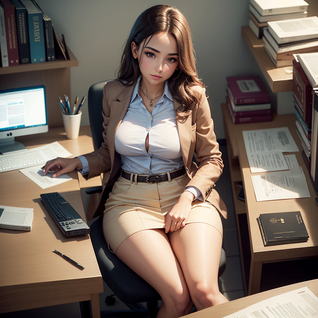 A realistic, beautiful young woman, well dressed, sits in an office. Wide view of desk, books, computer