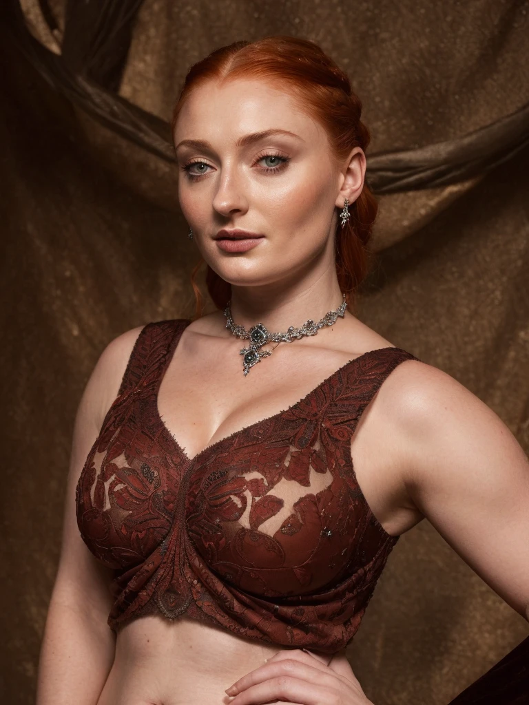 Face of Sophie Turner, Sansa Stark played by Sophie Turner, the de facto Lady of the Eyrie, is a 45-year-old mature queen with a stunning, alluring appearance. Full Face, Full figured woman, heavy physique, thick thighs, pierced eyes, reddish lips, upper body shot, erotic Mediaeval costumes, game of thrones costumes, She wears a Game of Thrones-inspired costume and has a deep cleavage, a perfect thick body, and a perfect thick figure. The photograph captures her in a close-up, with her skin texture and facial features being ultra-realistic and realistic. Juicy thick figure, high quality skin, Skin pores, amazing details, snow, snow flakes, semi realistic, extremely detailed eyes, dark moody orange and black settings, cool environment, artificial intelligence, winter, winter scene, insane details,