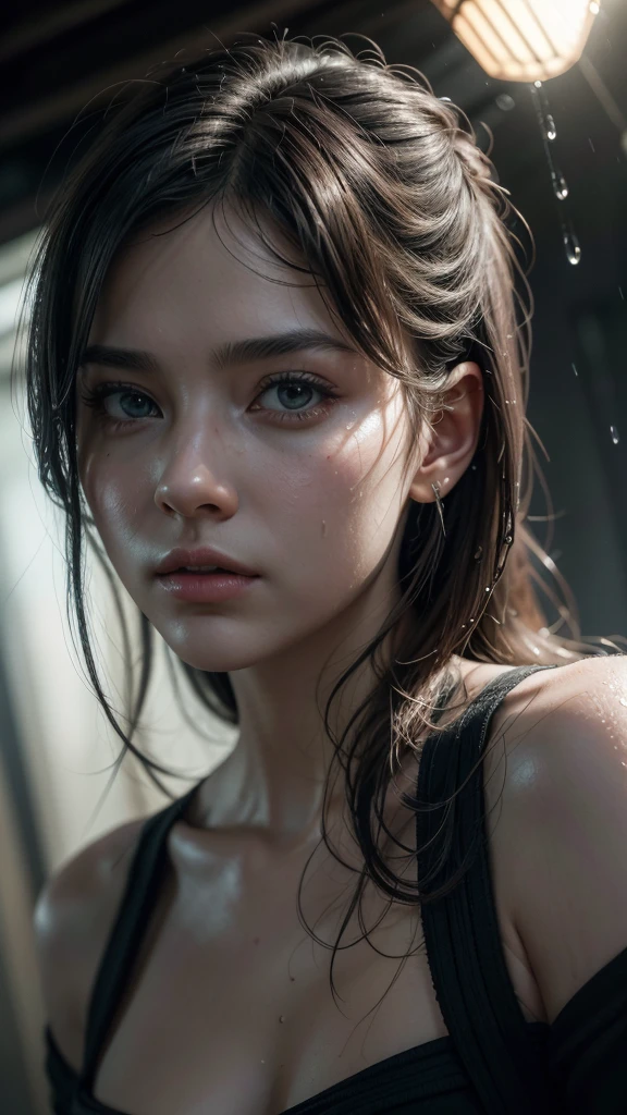 photo, gorgeous girl, (extreme closeup portrait), movie scene, frontal, facing the camera, ((dynamic shadows)), solo, model photoshoot, (film grain), ((rain, messy, wet)), sunset, detailed eyes, 100mm f/2.8 macro lens, Fujifilm XT3, Canon R5, Fujicolor Fujichrome Velvia 100, shirt, complex background, masterpiece, visually stunning:1.5, evocative, best quality, intricate and very detailed:1.5, professionally graded colors, hyper-detailed:1.8, cinematic design:1.5, very detailed image, hyperealistic, realistic art style, photorealism, dynamic lighting, light rays, detailed background, cinematic lighting, cinematic angle, very aesthetic, ultra detailed, intricate details, semi realistic, best quality, realistic, photo realistic, dramatic lighting, detailed lighting, realistic photo, [[volumetric lighting, dappled lighting]], ((vignette)), highly detailed, moody, epic, gorgeous, film, atmospheric haze, Ultra High Resolution, wallpaper, 8K,Rich texture details, hyper detailed, detailed background, dramatic angle, epic composition, dynamic lighting, award winning photo, complex background, caustics, optics, surreal, magic, perfect anatomy, best resolution, best quality, highres, realistic photo, professional photography, professional color grading, cinematic angle, reflection lights, closed up, many details, extreme detailed, full of details, life-like details, cinematic, dramatic, dynamic, extremely refined lines and and shapes, extremely refined details on objects, sharp details, wide range of colors, many details everywhere, raytracing, antialiasing, Realistic soft shadows, Low saturation colors, insane quality, insane resolution, Insane details, masterpiece, 8k, 4k resolution, 