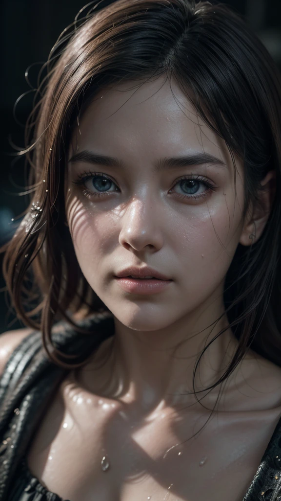 photo, gorgeous girl, (extreme closeup portrait), movie scene, frontal, facing the camera, ((dynamic shadows)), solo, model photoshoot, (film grain), ((rain, messy, wet)), sunset, detailed eyes, 100mm f/2.8 macro lens, Fujifilm XT3, Canon R5, Fujicolor Fujichrome Velvia 100, shirt, complex background, masterpiece, visually stunning:1.5, evocative, best quality, intricate and very detailed:1.5, professionally graded colors, hyper-detailed:1.8, cinematic design:1.5, very detailed image, hyperealistic, realistic art style, photorealism, dynamic lighting, light rays, detailed background, cinematic lighting, cinematic angle, very aesthetic, ultra detailed, intricate details, semi realistic, best quality, realistic, photo realistic, dramatic lighting, detailed lighting, realistic photo, [[volumetric lighting, dappled lighting]], ((vignette)), highly detailed, moody, epic, gorgeous, film, atmospheric haze, Ultra High Resolution, wallpaper, 8K,Rich texture details, hyper detailed, detailed background, dramatic angle, epic composition, dynamic lighting, award winning photo, complex background, caustics, optics, surreal, magic, perfect ???????, best resolution, best quality, highres, realistic photo, professional photography, professional color grading, cinematic angle, reflection lights, closed up, many details, extreme detailed, full of details, life-like details, cinematic, dramatic, dynamic, extremely refined lines and and shapes, extremely refined details on objects, sharp details, wide range of colors, many details everywhere, raytracing, antialiasing, Realistic soft shadows, Low saturation colors, insane quality, insane resolution, Insane details, masterpiece, 8k, 4k resolution, 